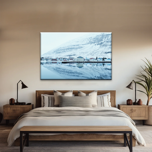 Village by The River Under The Snow-capped Mountains Prints On Canvas