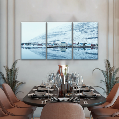 Village by The River Under The Snow-capped Mountains Prints On Canvas