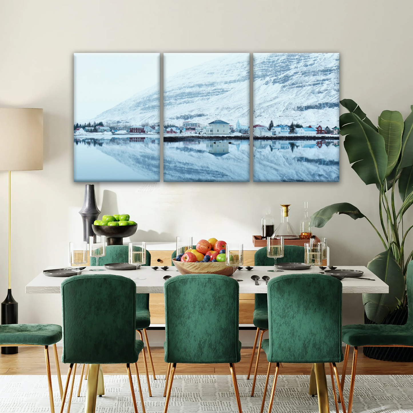 Village by The River Under The Snow-capped Mountains Prints On Canvas