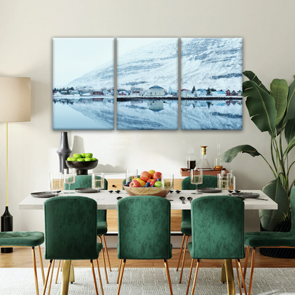 Village by The River Under The Snow-capped Mountains Prints On Canvas