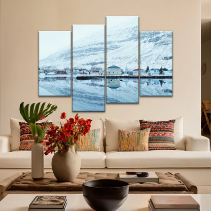 Village by The River Under The Snow-capped Mountains Prints On Canvas