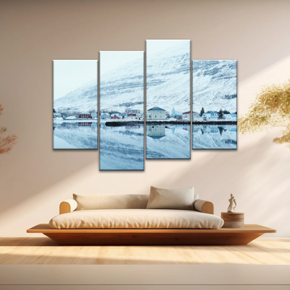 Village by The River Under The Snow-capped Mountains Prints On Canvas