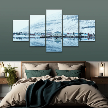 Village by The River Under The Snow-capped Mountains Prints On Canvas