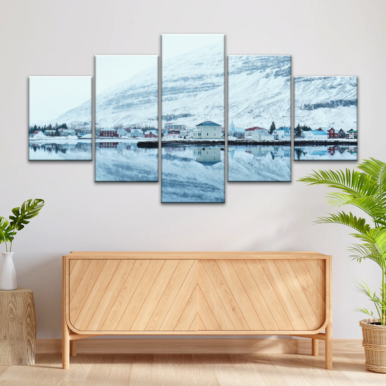 Village by The River Under The Snow-capped Mountains Prints On Canvas