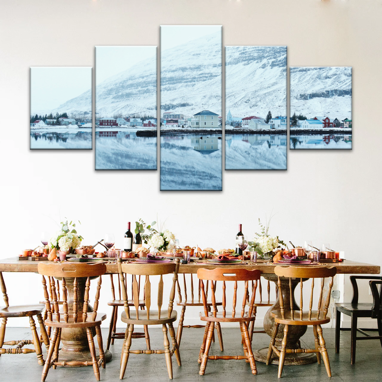 Village by The River Under The Snow-capped Mountains Prints On Canvas