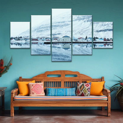 Village by The River Under The Snow-capped Mountains Prints On Canvas
