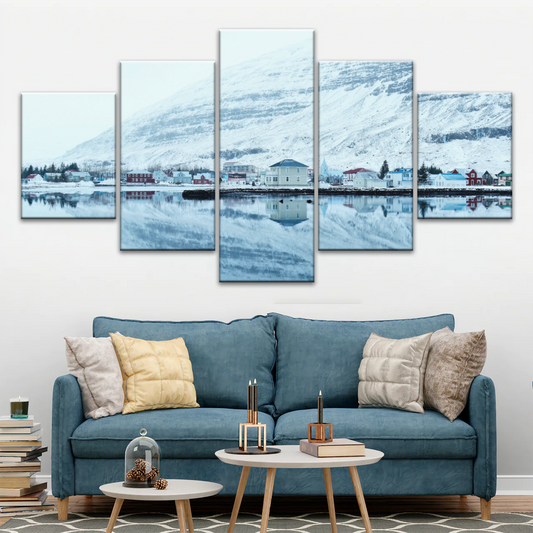 Village by The River Under The Snow-capped Mountains Prints On Canvas