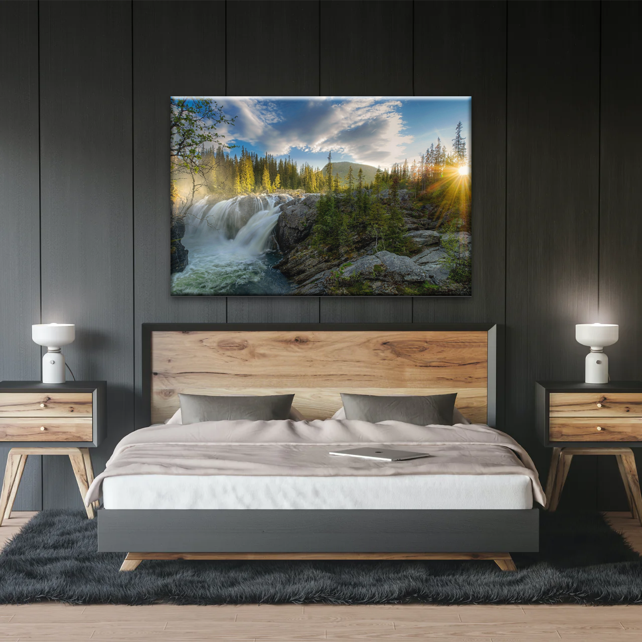 Waterfall In The Forest At Sunset Art Canvas Print