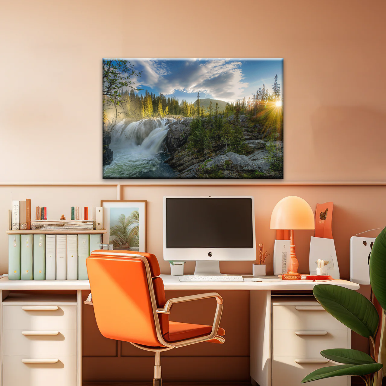 Waterfall In The Forest At Sunset Art Canvas Print