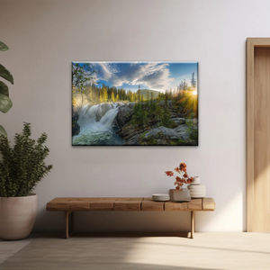 Waterfall In The Forest At Sunset Art Canvas Print