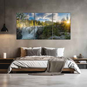 Waterfall In The Forest At Sunset Art Canvas Print