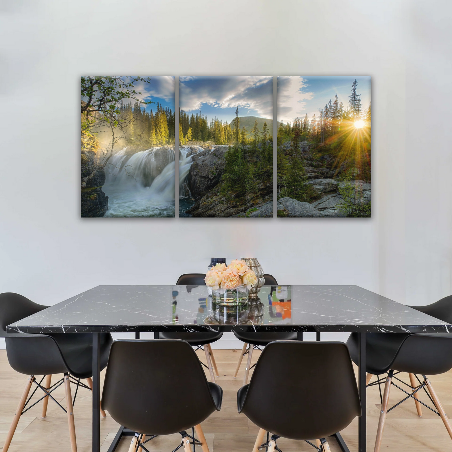Waterfall In The Forest At Sunset Art Canvas Print