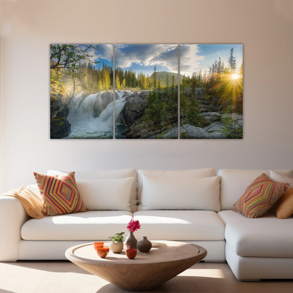 Waterfall In The Forest At Sunset Art Canvas Print