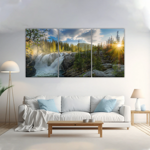 Waterfall In The Forest At Sunset Art Canvas Print