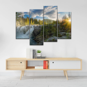 Waterfall In The Forest At Sunset Art Canvas Print