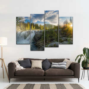 Waterfall In The Forest At Sunset Art Canvas Print