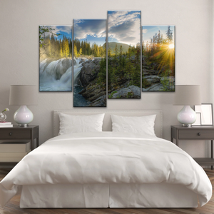 Waterfall In The Forest At Sunset Art Canvas Print