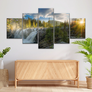 Waterfall In The Forest At Sunset Art Canvas Print