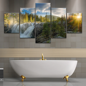 Waterfall In The Forest At Sunset Art Canvas Print