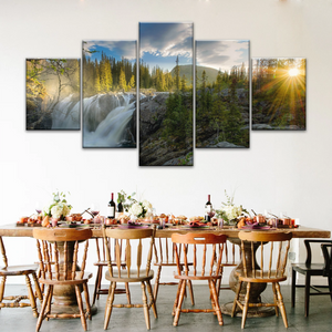 Waterfall In The Forest At Sunset Art Canvas Print