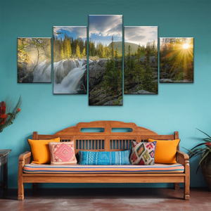 Waterfall In The Forest At Sunset Art Canvas Print