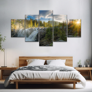 Waterfall In The Forest At Sunset Art Canvas Print