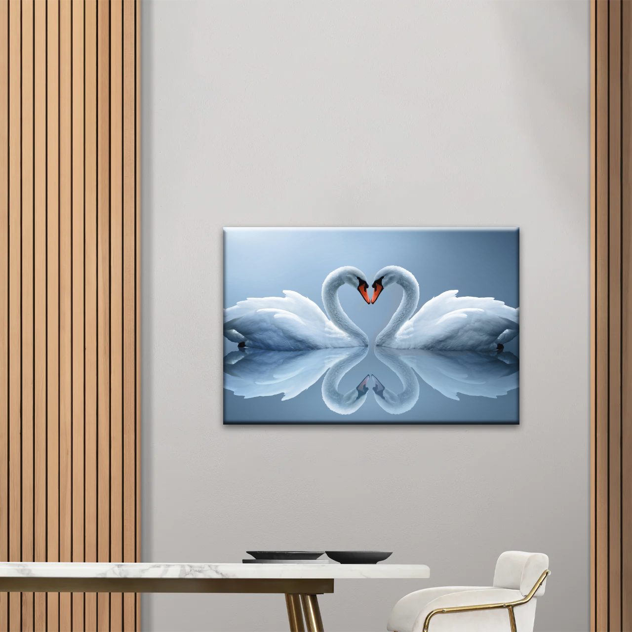 White Swan Couple With Love Heart-shaped Canvas Print Frames