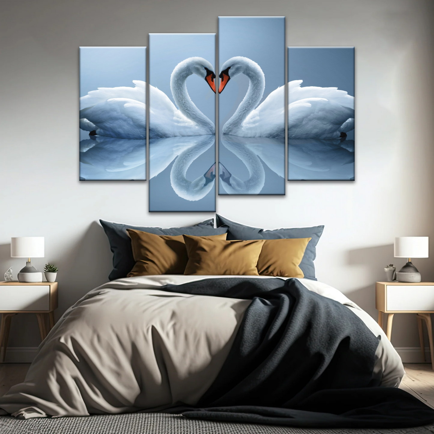 White Swan Couple With Love Heart-shaped Canvas Print Frames