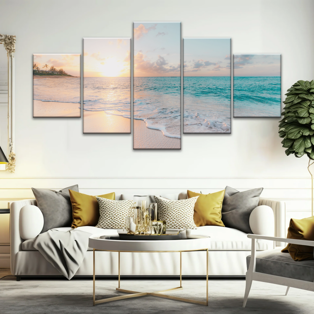 White Sand Beach With Calm Water at Sunset Wall Art