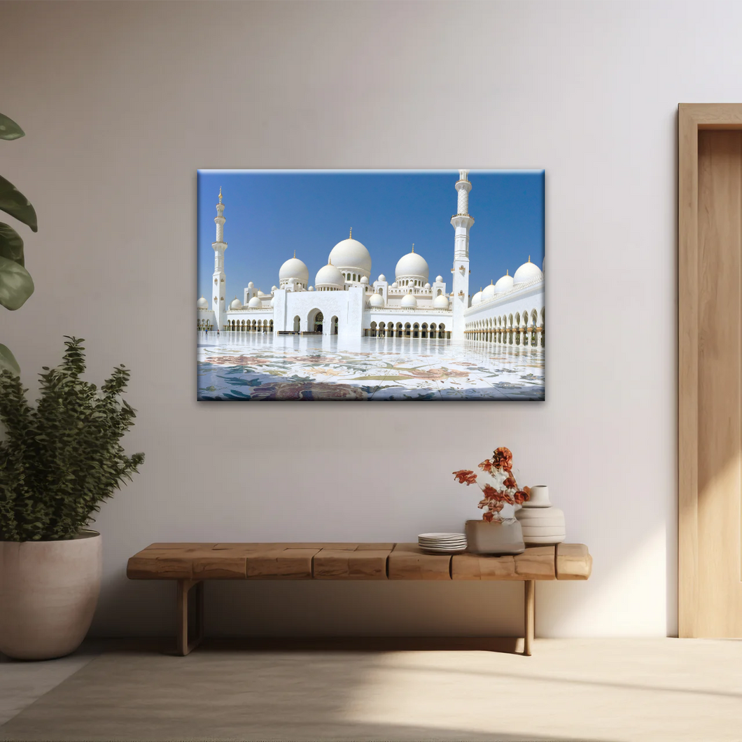Abu Dhabi Islamic Architecture White Mosque Under Sunlight Wall Art