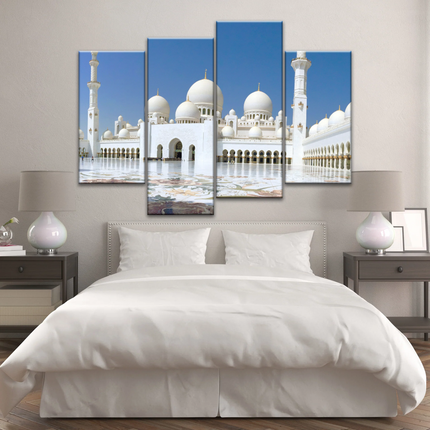 Abu Dhabi Islamic Architecture White Mosque Under Sunlight Wall Art