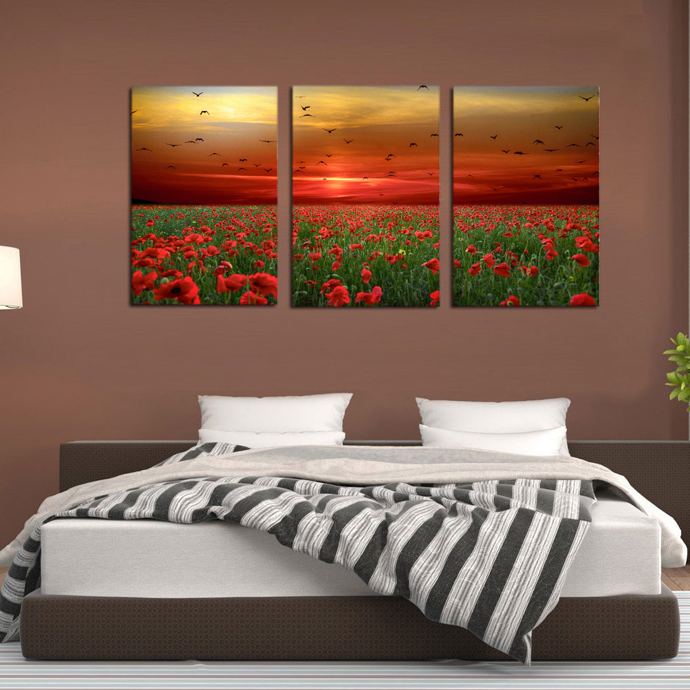 Poppies Flowers Sunset Sky Clouds Birds Canvas Prints Wall Art Home Decor - Canvas Print Sale