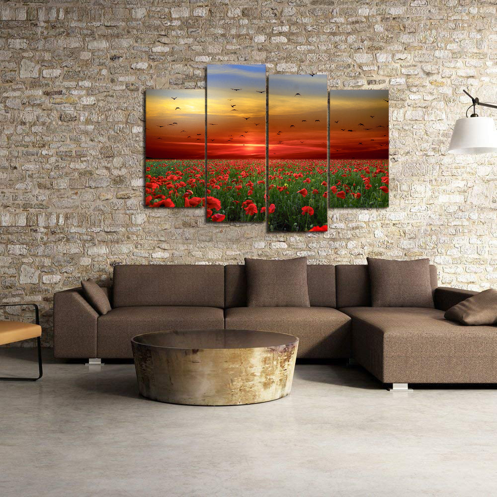 Poppies Flowers Sunset Sky Clouds Birds Canvas Prints Wall Art Home Decor - Canvas Print Sale