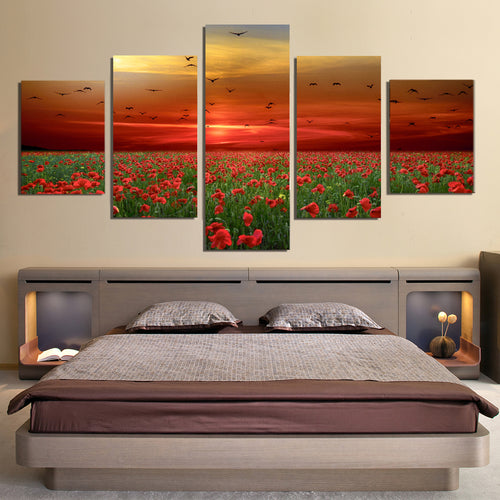 Poppies Flowers Sunset Sky Clouds Birds Canvas Prints Wall Art Home Decor - Canvas Print Sale